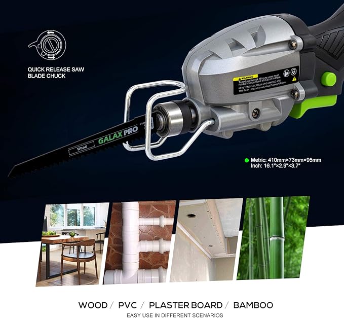 GALAX PRO reciprocating saw, 5.0 Amp Variable Speed Corded Reciprocating Saw, 3000spm, stroke length ½ Maximum cutting capacity 4 ½”， Used for wood cutting and metal cutting