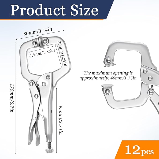 12 Pcs C Clamps Locking 6 Inch Heavy Duty Welding Pliers with Swivel Pads Adjustable Vise Grip Clamp for Shop Woodworking Cabinetry Repair Home Farm and Auto Workshop