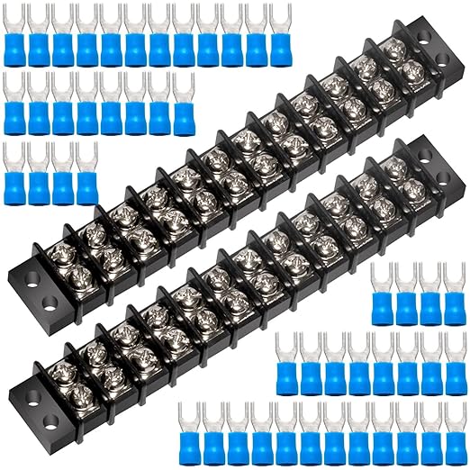 MILAPEAK Terminal Block - 2 Pack 12 Positions 200v-450v 20-30A Dual Row Screw Terminals Strip + 48 PCS Copper Wire Fork Connectors