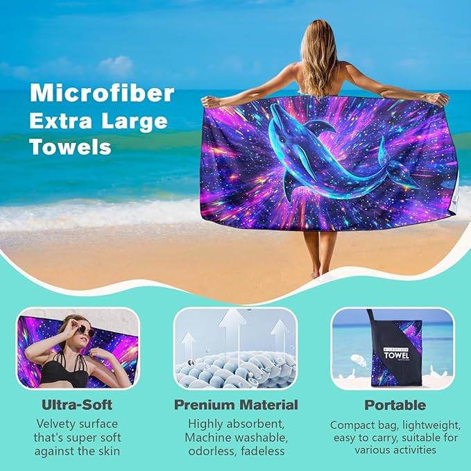 Fantasy Dolphin Beach Towel Oversized 36" x 72", Thin Lightweight Sand Free Quick Dry Microfiber Towel for Swimming Pool Cruise Camping Travel