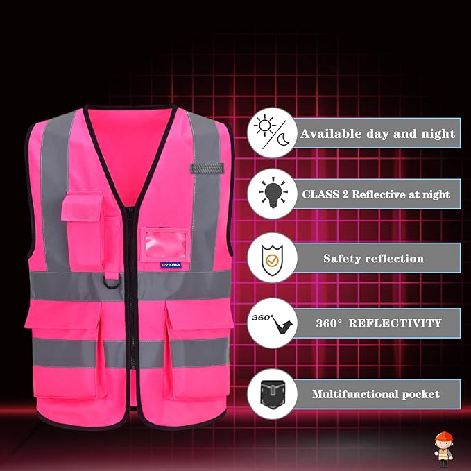 A-SAFETY Pink High Visibility Vest,Reflective Safety Vest Workwear,7 Pockets Hi Vis Durable Vest with Reflective Tapes 4 Lower Pockets,3XL