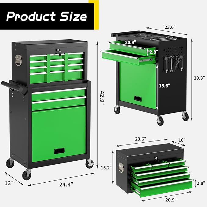 On Shine 8 Drawer Rolling Tool Chest, Large Capacity Rolling Tool Box with Wheels, Locking Mechanical Tool Chest, Portable Tool Box with Sliding Drawers,Metal Tool Box for Garage Workshop（Black Green）