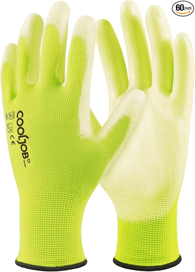 COOLJOB 60 Pairs Safety Work Gloves Pack Bulk with Grip PU Coating, 13 Gauge Seamless Knit Gloves with Polyurethane Dipped for Warehouse Working, Breathable Lightweight for Men Women, Yellow Xlarge