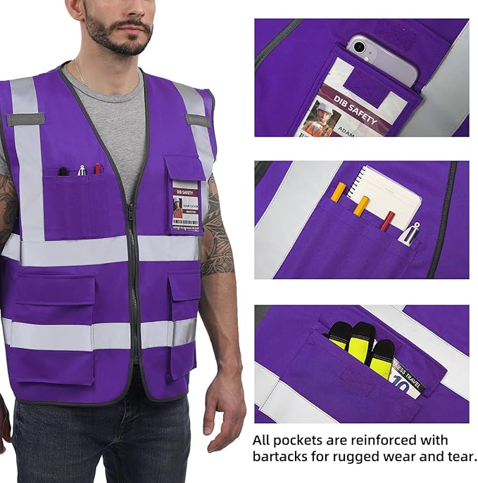 Dib Safety Reflective Vest High Visibility with Pockets and Zipper, Purple XS