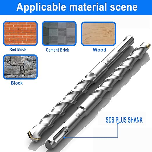 10-Piece 3/8" SDS Plus Drill Bits Rotary Hammer Drill Bit Set, Carbide Tipped for Drilling Concrete Cement Porcelain Tiles Ceramic Pots Stone Brick, Diameter 10mm, 160mm Long, SDS Plus Shank.
