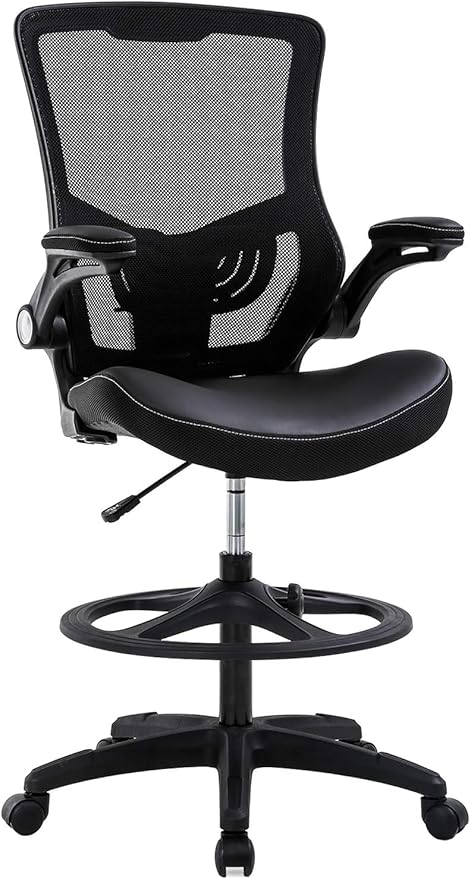 Drafting Chair Ergonomic Tall Office Chair Standing Desk Chair with Flip Up Arms Foot Rest Back Support Adjustable Height Mesh Drafting Stool, Black