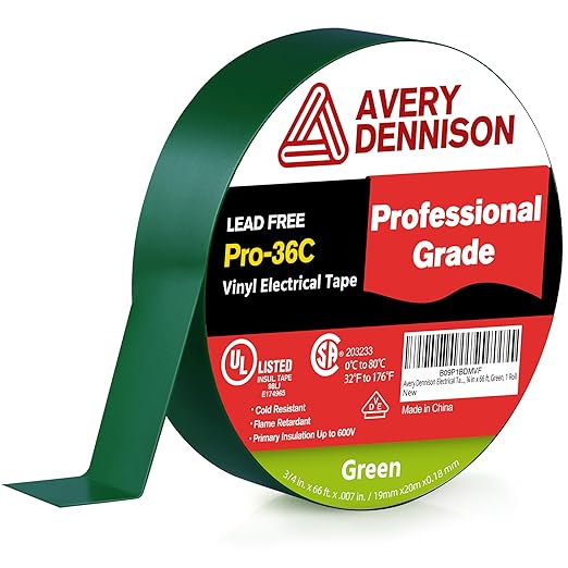 Avery Dennison Electrical Tape, Professional Grade PVC Electric Tape, UL/CSA Listed Insulating Vinyl Tape for Electrical, Repairs, Automotive and Equipment, Pro-36C, ¾ in x 66 ft, Green, 1 Roll