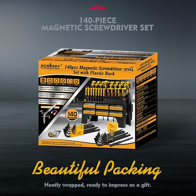 HORUSDY 140-Piece Magnetic Screwdriver Set with Plastic Racking, Includes SAE & Metric Hex Keys, Precision Screwdriver and Magnetizer Demagnetizer DIY Tools for Men Tools Gift