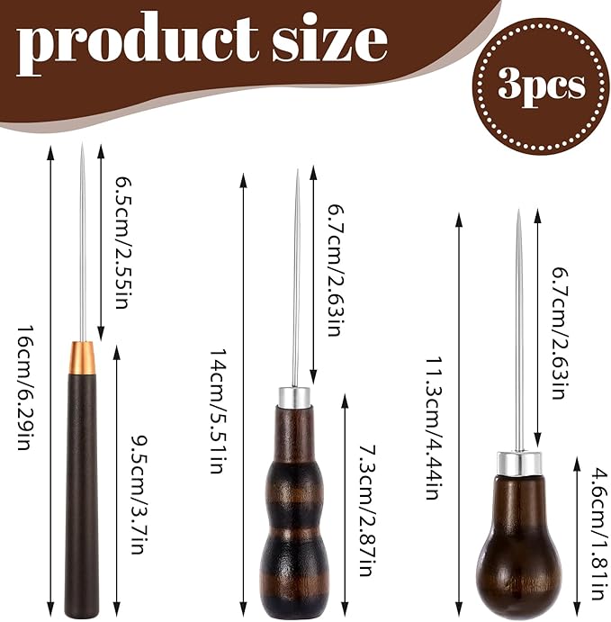 BOHUIZ 3 Pack Scratch Awl Tool with Wooden Handle, Gourd Shape Pin Punching for Leather Awl Punch Tool for Hole Craft Shoes Repair Sewing Leather Punch Stitching Crochet DIY Handmade