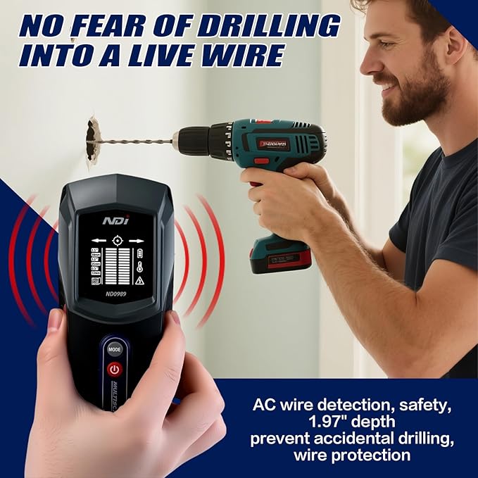 NDI ND0989 Multi-Function Stud Finder and Heat Source Detector Accurate Detection of Studs, AC Live Wires, and Heat Sources Behind Walls Ideal for Home Improvement, Electrical Installation