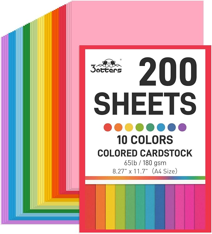 3 otters 200Sheets Construction Paper, Cardstock 8.27" x 11.7", 10 Assorted by 3otters