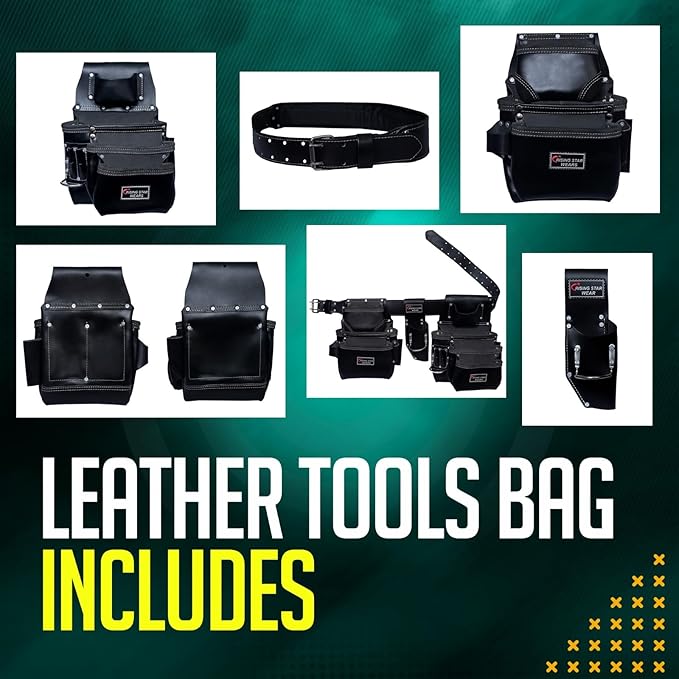 RISING STAR WEARS PURE BLACK LEATHER TOOL BELT POUCH PERFECT FOR CARPENTERS, PLUMBERS, ELECTRICIANS, GARDENERS AND CONSTRUCTION WORKERS MULTIPURPOSE 18 POCKETS POUCH WITH FRAMING TOOL BAGS