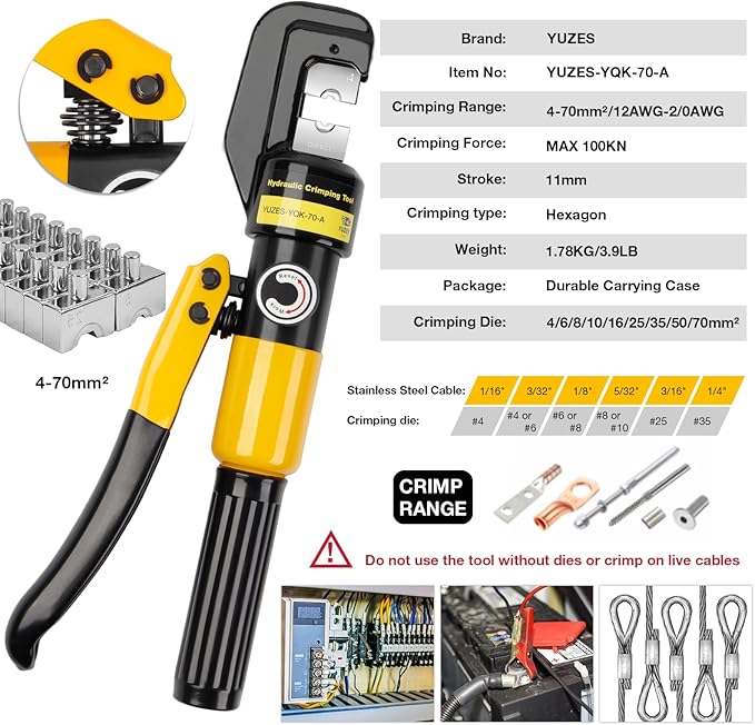YUZES Hydraulic Crimping Tool and Cable Cutter, 12 AWG to 00 (2/0), 10 Tons Battery Cable Crimper Tool with 9 Crimping Dies, Crimping Tool for Cable Lug, Wire Terminal Lug