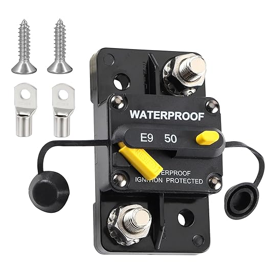 E93 Circuit Breaker Waterproof IP67 25A-300A Extended Surface Mount with 3/8" Diagonal Studs Hi-Amp Marine RV Truck Protector (50A)