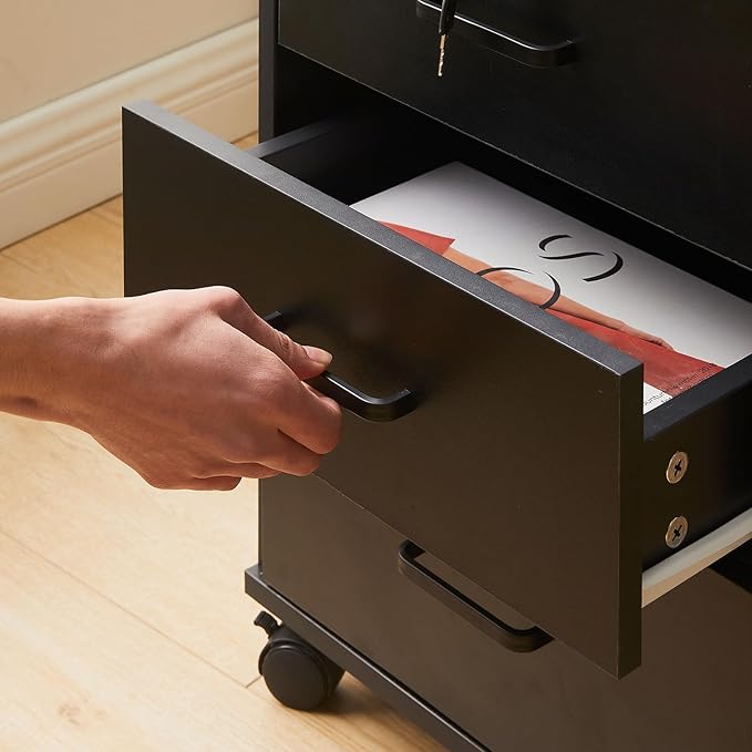 TUKAILAi Mobile File Cabinet with 3 Drawers, Lockable Storage Unit Wooden Rolling Office Filing Cabinet with Wheels, for Legal/Letter/A4 Sized Documents Home Office (Black 1PCS)