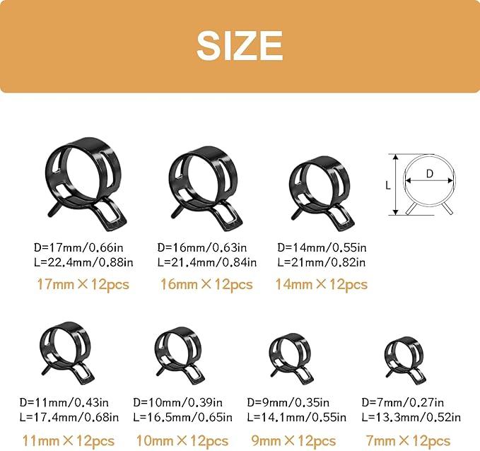 84PCS 7-17mm Fuel Line Hose Clamps Spring Clamp Firmware Silicone Vacuum & Automotive Replacement Fastener Sorting Kit, Black Manganese Steel Spring Hose Clamp DD006-b