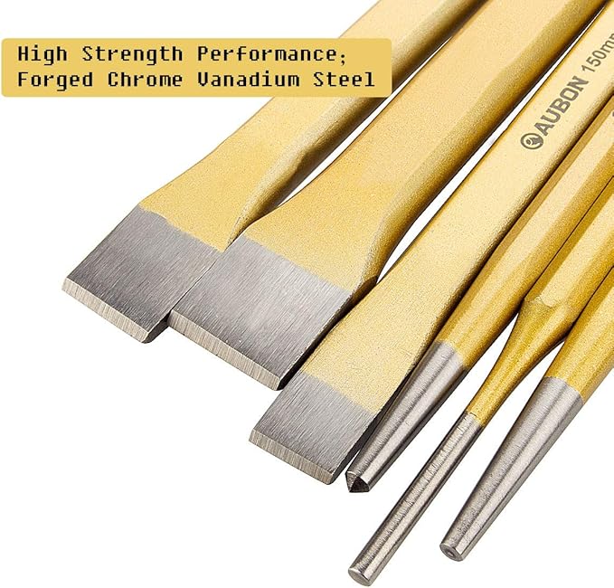 6 Pack Punch and Chisel Set, Includes 3 Pcs Digging Tools Cold Chisel, 3 Pcs Center/Pin/Tapered Punch Set, with Canvas Bag, Masonry Chisels for Brick, Wood, Metal and Stone