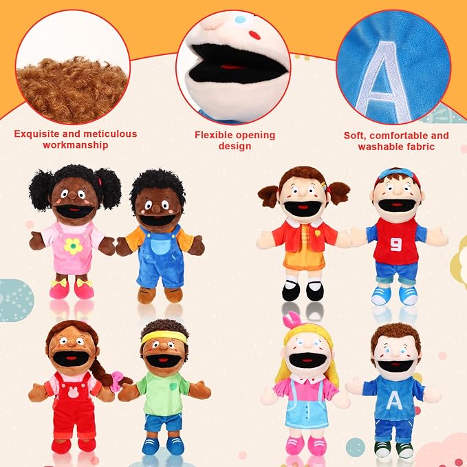 Lenwen 8 Piece Kids Hand Puppet Gifts Set 12 Inch Multicultural Plush Hand - Image 3