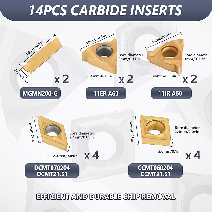 21PCS Indexable Lathe Turning Tools Set 3/8"10mm Shanks,7Pcs Metal Turning Tool Holders & 14Pcs Carbide Inserts for Turning,Grooving,Threading,Boring bar,and Cutting Tool