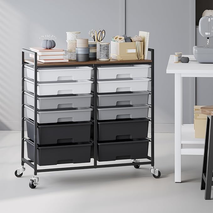 Rolling Storage Cart with 12 Drawers, Wooden Tabletop Utility Cart - Image 8