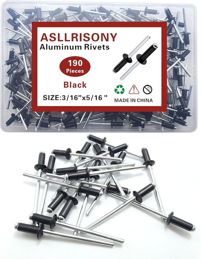 190pcs Black 3/16" x 5/16" Aluminum Blind Rivets, 4.8 x 8mm Pop Rivets,Aluminum Grip and Steel Mandrel