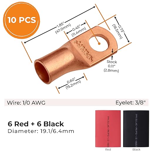 SELTERM 10pcs - 1/0 Awg - 3/8" Stud - Battery Lugs - Ring Terminal Connectors | with 12pcs 3:1 Black & Red Heat Shrink Tubing with Adhesive | Heavy Duty Battery Cable Ends - Bare Copper Wire Lugs Kit