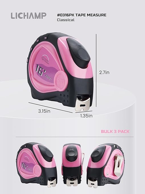 Lichamp Small Tape Measure 16 Feet, Pink Tape Measure Mini 3 Pack 16ft x 3/4in with 1/8 Fractions, 0316PK