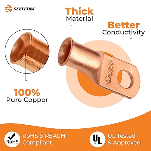 SELTERM 10pcs 1 AWG - 5/16" Stud - Battery Lugs, Heavy Duty Wire Lugs, Ring Terminals, Battery Cable Ends,1 Gauge Terminals, UL Bare Copper Eyelets Electrical Battery Terminal Connectors