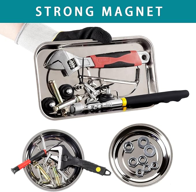 3 Pieces Magnetic Trays with 8LBs Telescoping Magnetic Pick-up Tool Set, 9.5" Rectangle, 2 Pieces 4" Stainless Steel Magnet Parts Tray for Screws, Sockets, Bolts, Mechanic's