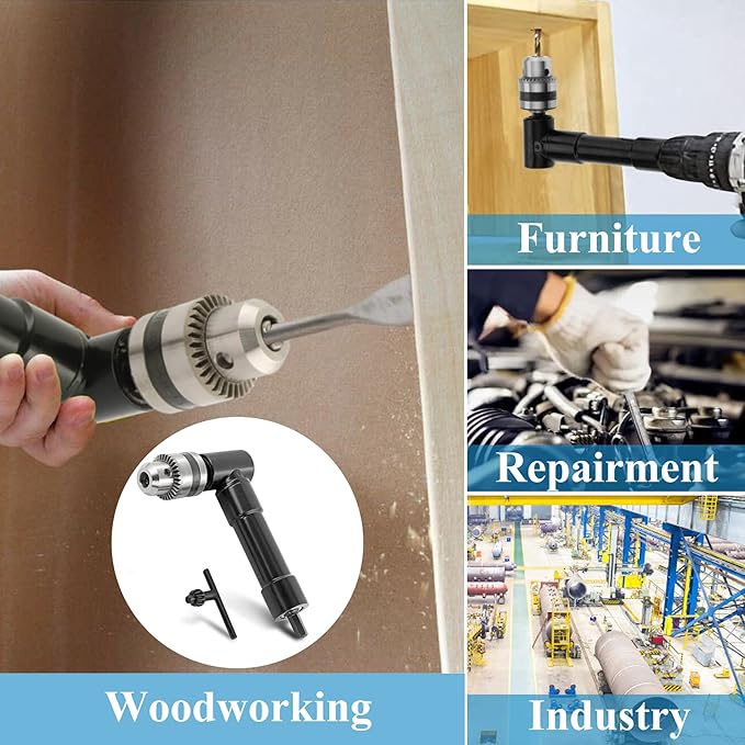 Cordless Right Angle Drill Adapter, 90 Degree Adapter Drill with 3/8" Keyed Chuck and 8mm Hex Shank Power Tool Attachment (Chuck Range: 1mm-10mm)