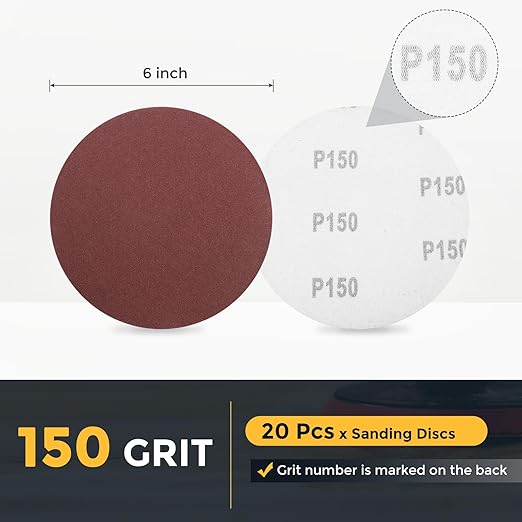 HARFINGTON 20 Pcs 6 Inch Sanding Disc 150 Grit Hook and Loop Sandpaper Random Orbital Sander Pads for Woodworking Automotive Metal Polishing