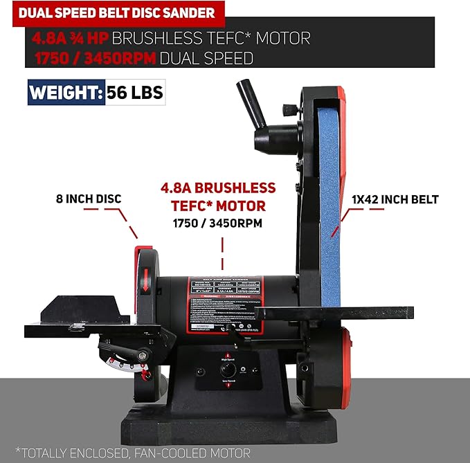 BUCKTOOL Dual Speed 1" x 42" Belt Disc Sander Combo, Bench Knife Sharpener with Large Work Table, Professional Benchtop Belt Sander with Direct-drive 4.8A Brushless Motor for Metalworking, BD1801DS