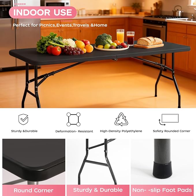 FDW 8FT Folding Table, Portable Fold-in-Half Plastic Picnic Party Table - Image 5