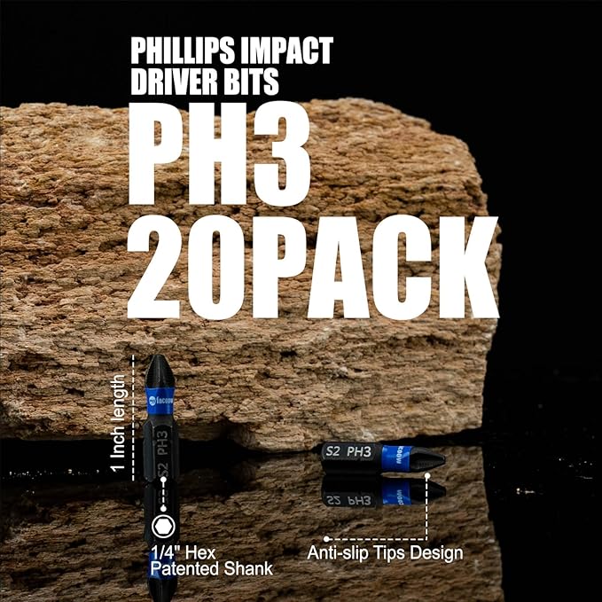 20 Pack Phillips Impact Driver Bits, #3 Phillips Head Magnetic Screwdriver Bits Set, 1 Inch S2 Alloy Steel Impact Bits, 1/4" Hex Shank Screwdriver Drill Bit, CNC Machined ph3 Impact Drill Bits