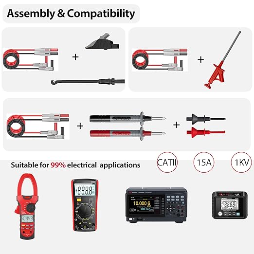 12pc Multimeter Test Leads,Test Leads with Alligator Clips,Test Hook,Banana Plug Leads,Telescopic Testing Hook,Suitable for Fluke, Kaiweets, Innova Multimeter, Voltmeter, Clamp Meter
