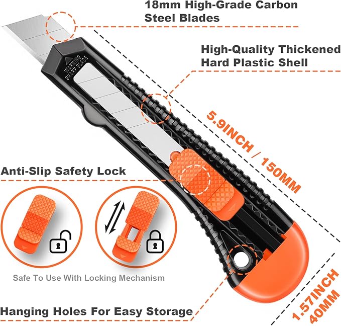 3 Pack Utility Knife Box Cutter Retractable, Compact Box Knife for Cartons, Cardboard, and Boxes, with 10 Piece 18mm Wider Snap-off Blade Razor Sharp Blade, Perfect for Office and Home Use