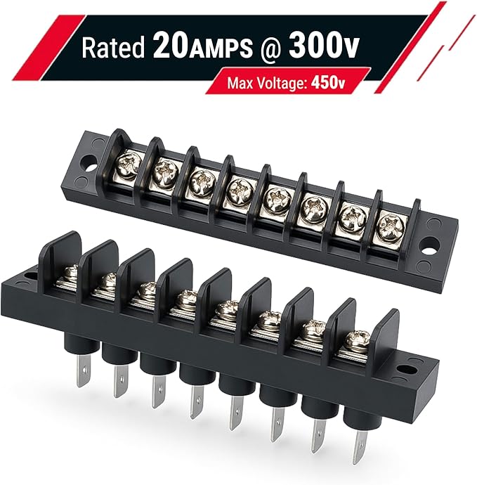 MGI SpeedWare Single Row Screw Terminal Junction Block 300V/20A, Through-Panel Barrier Strip 2-Pack (8 Screw)