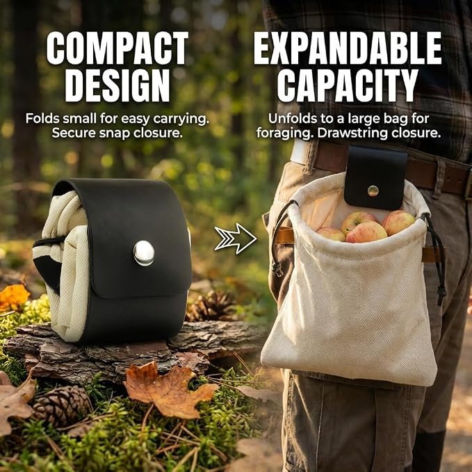 Toprank Leather Foraging Pouch – Collapsible Canvas and Leather Belt Bag - Image 2