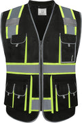 JKSafety 10 Pockets Hi-Vis Zipper Front Black Safety Vest | Cushioned Collar | High Reflective Tapes with Extended Neon Yellow Strips | Meets ANSI/ISEA Standards (XX-Large, 89-Black)