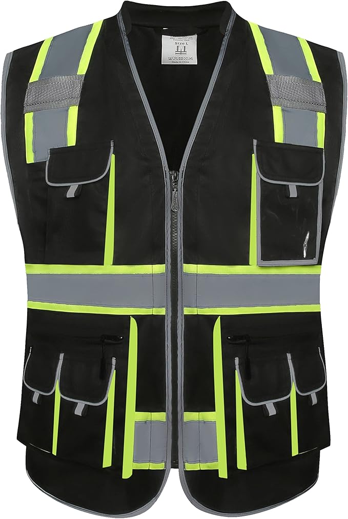 JKSafety 10 Pockets Hi-Vis Zipper Front Black Safety Vest Meets ANSI/ISEA Standards (Medium, 89-Black)
