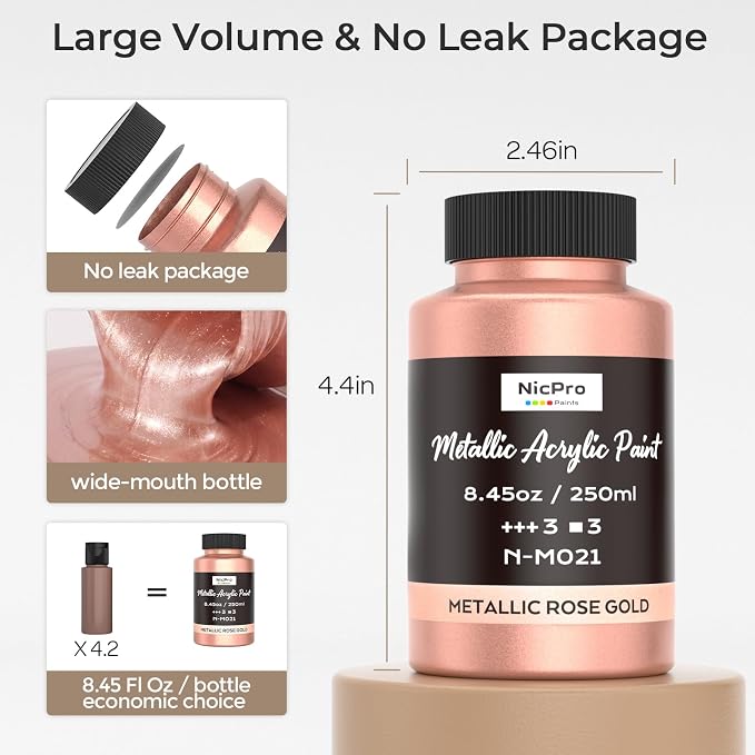 Nicpro Metallic Rose Gold Acrylic Paint, 8.45oz/250ml Gold Leaf Paint | Large - Image 3