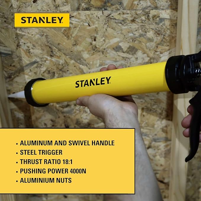 Stanley Professional Sausage Caulking Gun - No Drip Design with Steel Trigger, Aluminum Swivel Handle, 18:1 Thrust Ratio and 4000N Pushing Power for 10-13 oz Cartridges and 13-20 oz Sausages, 1 Pack