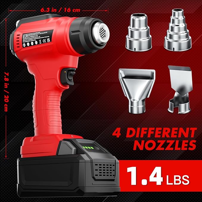 Cordless Heat Gun for Milwaukee 18V Battery, 350W 1022°F (550°C) Soldering Heat Gun, Variable Temperature Control Hot Air Gun Kit with 4 Nozzles and Scraper, for Shrink Tubing, PVC Wrap(NO Battery)