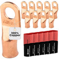 SELTERM 10pcs - 3/0 Awg - 1/2" Stud - Battery Lugs - Ring Terminal Connectors | with 12pcs 3:1 Black & Red Heat Shrink Tubing with Adhesive | Heavy Duty Battery Cable Ends - Bare Copper Wire Lugs Kit