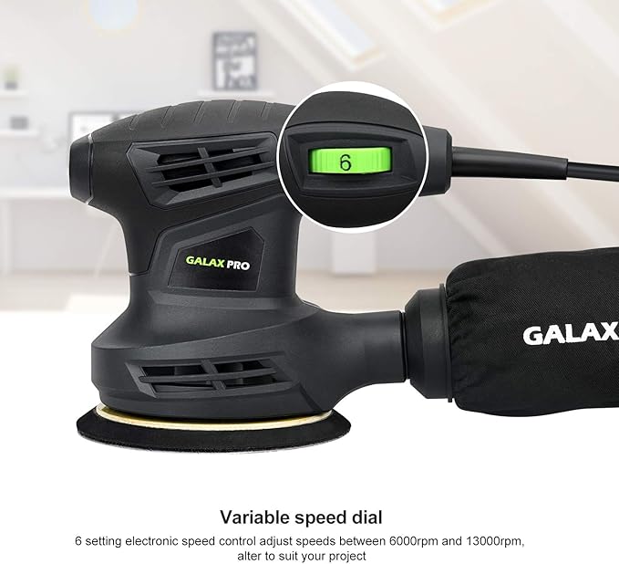 GALAX PRO 280W 13000OPM Max 6 Variable Speeds Orbital Sander with 15Pcs Sanding Discs, 5” electric Sander with Dust Collector for Sanding and Polishing