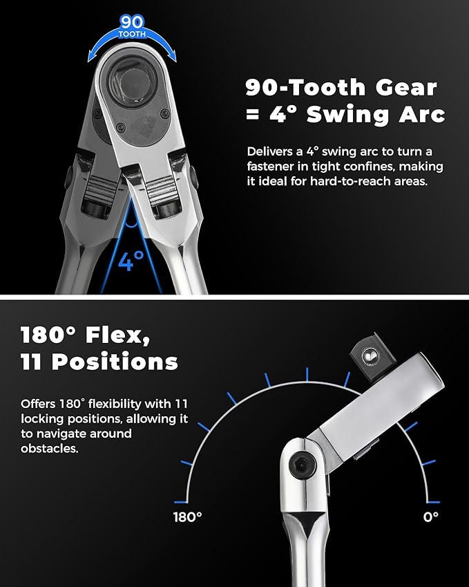 toolant 4Pcs Flex Head Ratchet Set, 1/4“&3/8"&1/2" Drive Gear Wrench Compact Head Ratchet Wrenches, 90-Tooth Gear, 180° Flex, 11 Positions, Longer Handle, 1.5X ASME Durability