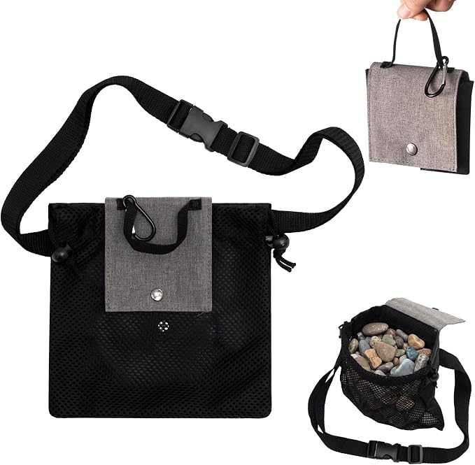 Collapsible Rock Collection Bag Foraging Pouch, Adjustable Waistband Mesh Bag by Shinylin