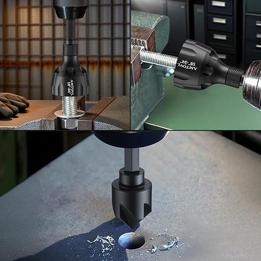 AMTOVL 4PCS Deburring External Chamfer Tool & Countersink Drill Bit Set - YG8 Tungsten Carbide & M2 HSS, Quick Release Chamfering Tool for 1/8"-1-3/8" Bolts, Thread Repair & Metal Edge Deburring