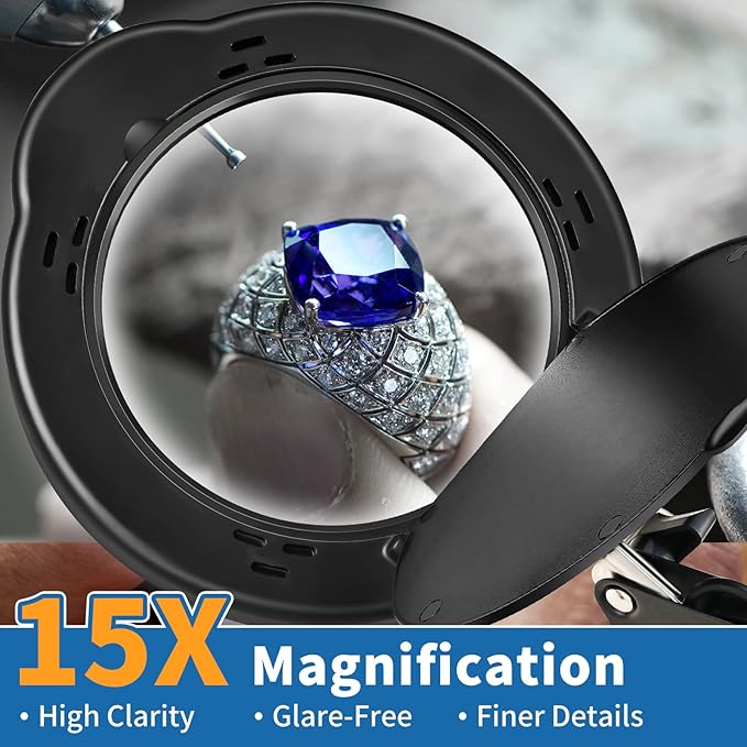 15x Magnifying Lamp with Remote & Dust Cover, Long Arm Hand Free Magnifying Glass with Light and Clamp Stand 5 Color Dimmable LED Desktop Magnifier Lamp with Light for Read Craft Hobby Close Work