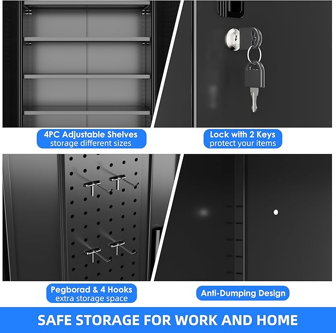 Metal Storage Cabinet with Wheels, Pegboard and 4 Hooks, 73" H Garage Storage Cabinet with 4 Adjustable Shelves and 2 Lockable Doors for Garage Home Office Warehouse, Black, Assembly Required
